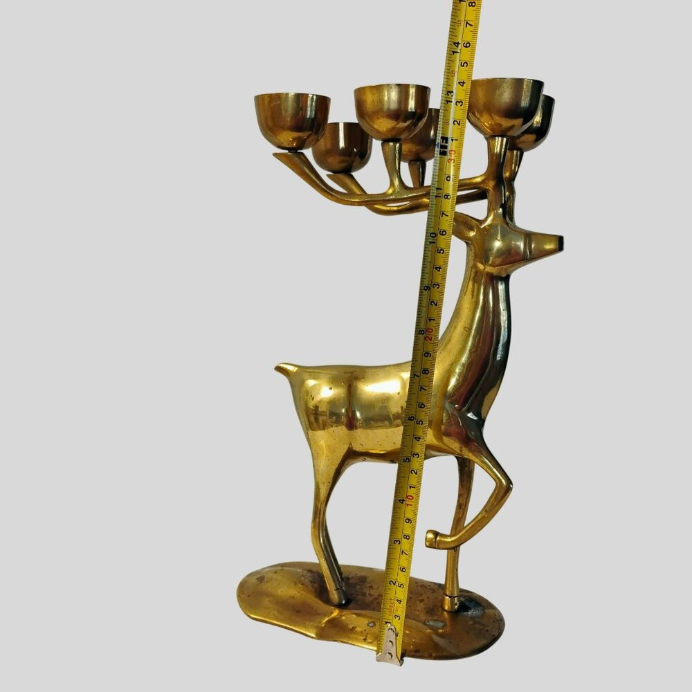 Vintage Brass Deer Candleholder, Reindeer Candelabra, 14" Mantel Stag Figurine - Picture 2 of 11